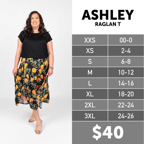 Ashley Raglan Top Size Chart